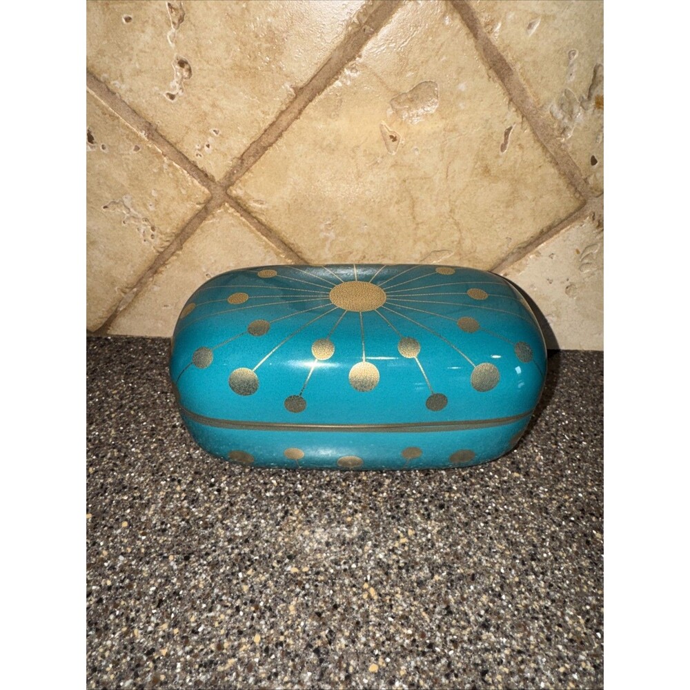 Jonathan Adler Porcelain Santorini Pandoras Box Trinket Teal Gold Starburst Vtg
